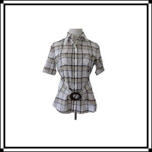 NWT! Lafayette 148 Plaid Blouse with Belt Sz 8